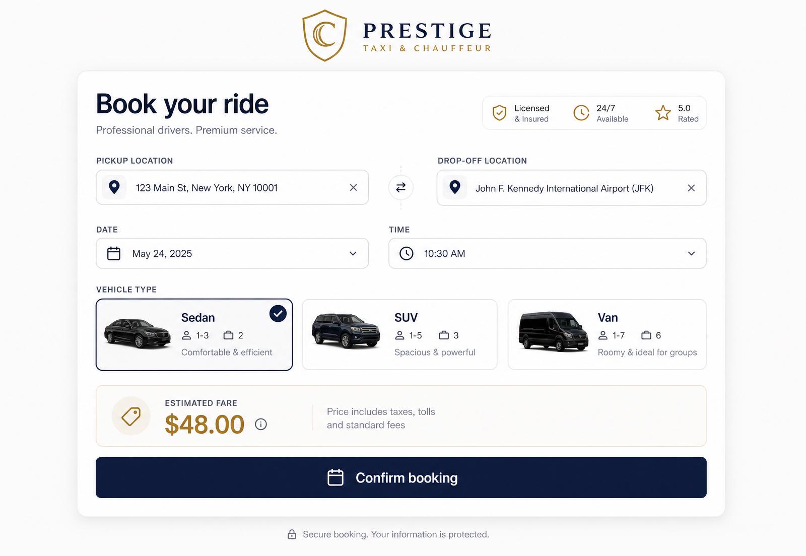 BookMyRide web booking widget with pickup, drop-off, vehicle and fare
